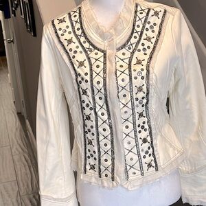 White Leather Jacket. Frayed edges & silver tone beads & Buttons. Sz M